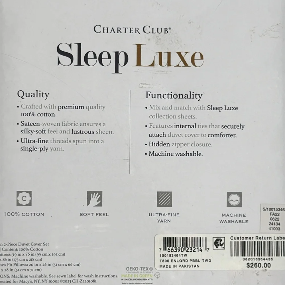 CHARTER CLUB SLEEP LUXE 800 TWIN 2 PIECE DUVET COVER AND PILLOWCASE SET*NWT*